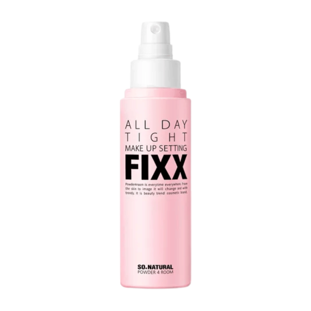 So Natural All Day Tight Make Up Setting Fixx sprej za fiksiranje v roza steklenički z nežnim razpršilom, ki ohrani ličila na mestu ves dan