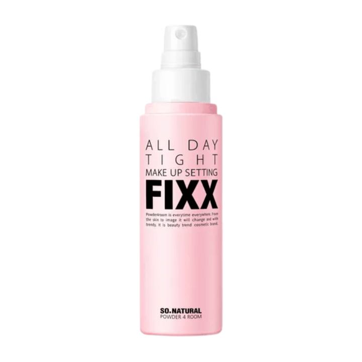 So Natural All Day Tight Make Up Setting Fixx sprej za fiksiranje v roza steklenički z nežnim razpršilom, ki ohrani ličila na mestu ves dan