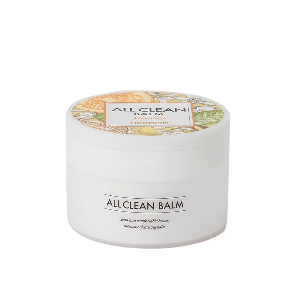 Kozarec Heimish All Clean Balm z vonjem mandarine, intenzivni čistilni balzam, z barvito etiketo in belo embalažo.