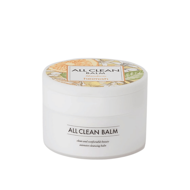 Kozarec Heimish All Clean Balm z vonjem mandarine, intenzivni čistilni balzam, z barvito etiketo in belo embalažo.