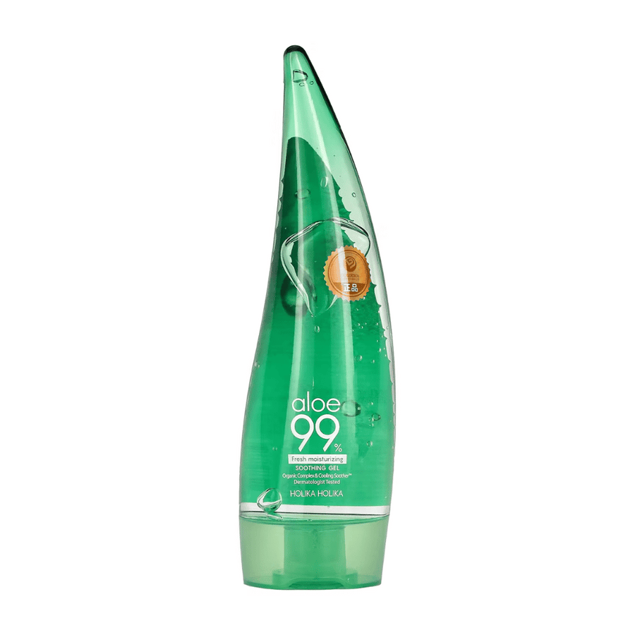 Zelena, aloe oblikovana steklenica z Holika Holika Aloe 99% Soothing Gel. Steklenica vsebuje pomirjujoči gel in ima besedilo, ki opisuje vlažilne in pomirjujoče lastnosti izdelka.
