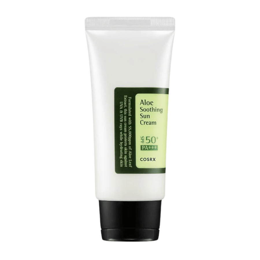 COSRX Aloe Soothing Sun Cream SPF 50+ PA+++ v beli tubi s črnim pokrovčkom – sončna krema z aloe vero, ki ščiti in pomirja kožo.