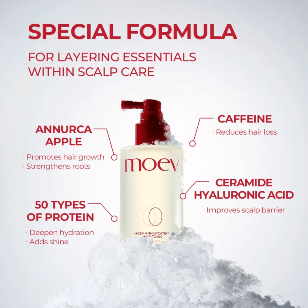 MOEV Annurcatin Hair Tonic – napredna formula z jabolkom Annurca, kofeinom in hialuronsko kislino, ki krepi lase in lasišče.