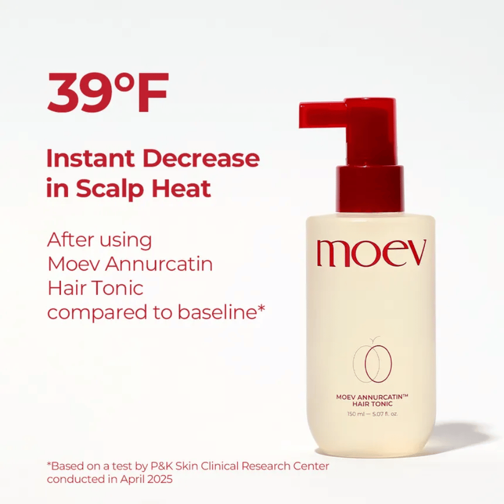 MOEV Annurcatin Hair Tonic – klinično preizkušena nega las, ki hladi lasišče in zmanjšuje toploto do 39°F za bolj zdrave lase.