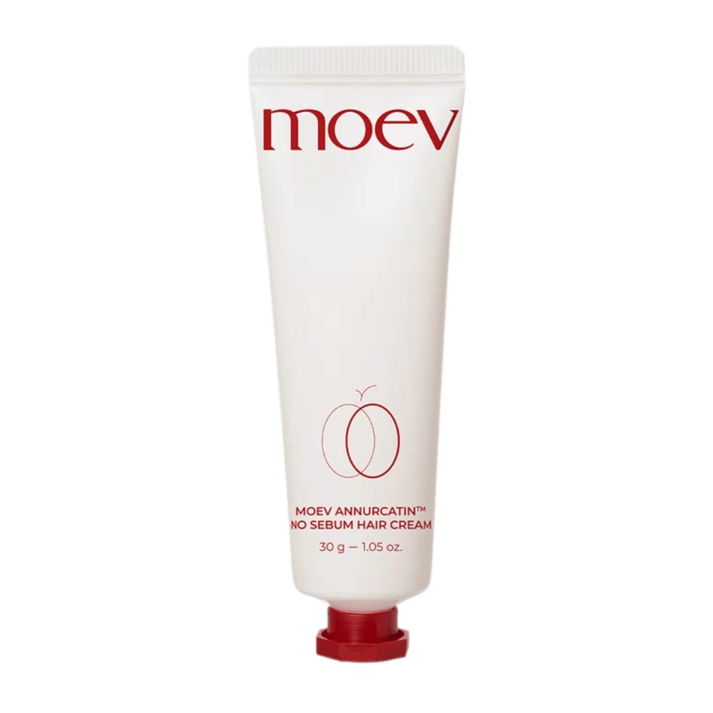 6. MOEV Annurcatin No Sebum Hair Cream 30 g – bela tuba z rdečim besedilom in zamaškom za mastne lase