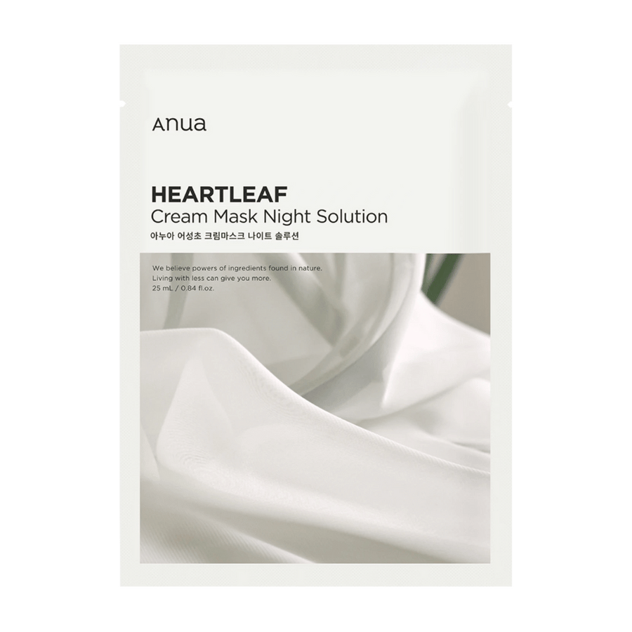Slika Anuas "Heartleaf Cream Mask Night Solution", izdelek za nego kože z naravnimi sestavinami. Eleganten dizajn, 25 ml.