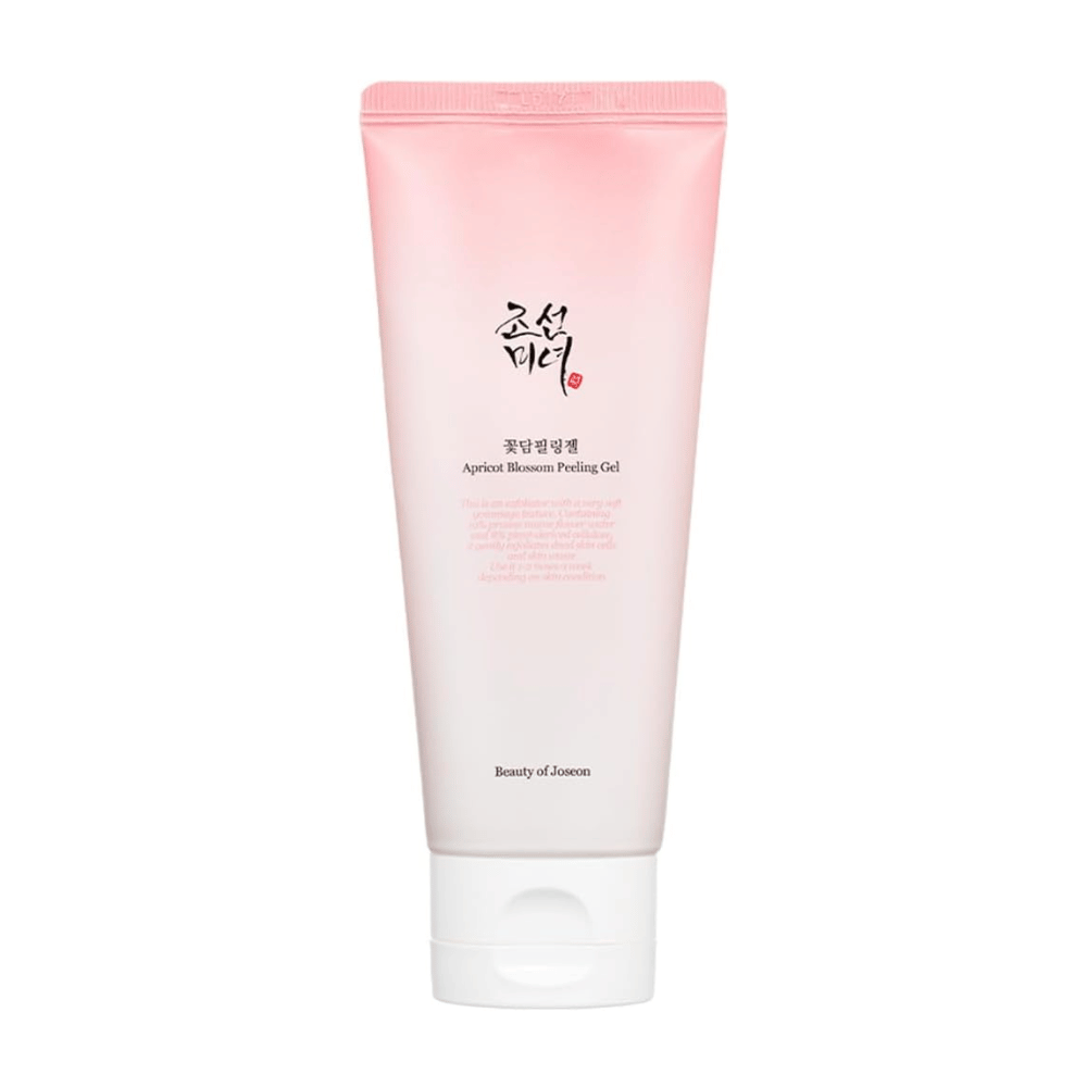 Roza tuba z Apricot Blossom Peeling Gel iz Beauty of Joseon na beli podlagi.