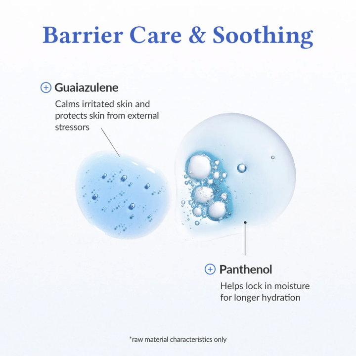Barrier Care & Soothing v Dr. Althea Aqua Marine Deep Serum z guaiazulenom, ki pomirja razdraženo kožo in ščiti pred zunanjim stresom, ter panthenolom, ki veže vlago in krepi kožno bariero za dolgotrajno hidracijo.