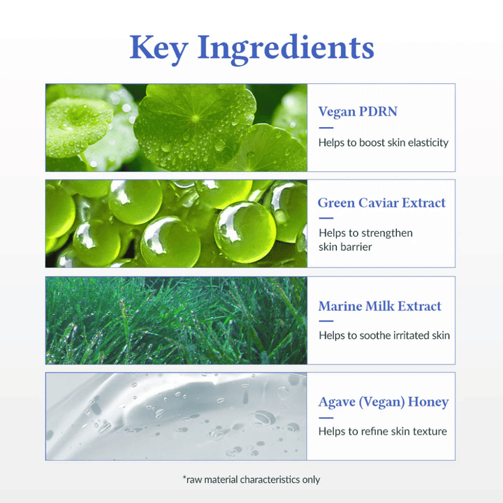 Ključne sestavine v Dr. Althea Aqua Marine Deep Serum – Veganski PDRN za elastičnost, izvleček zelenega kaviarja, ki krepi kožno bariero, izvleček morskega mleka, ki pomirja kožo, ter agava (veganski med) za enakomernejšo strukturo kože.