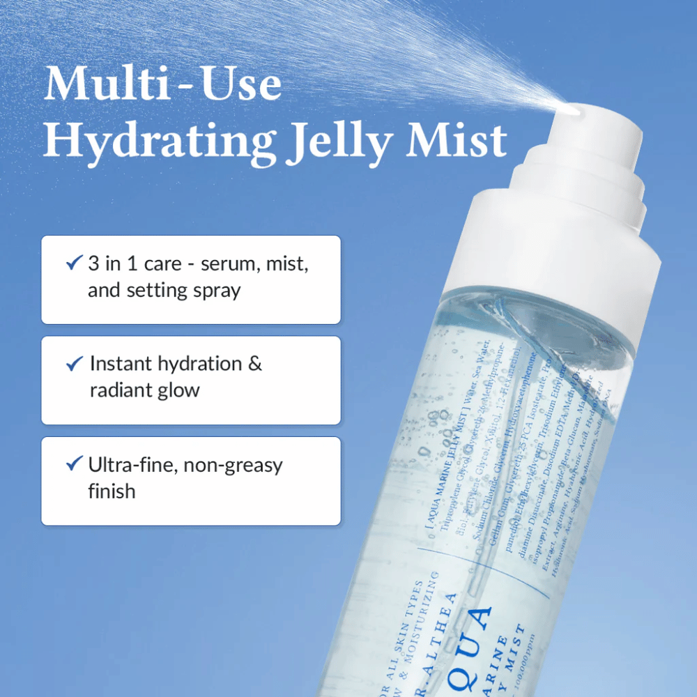 Dr. Althea Aqua Marine Jelly Mist kot večnamenski obrazni sprej za serum, meglico in fiksirni sprej v enem