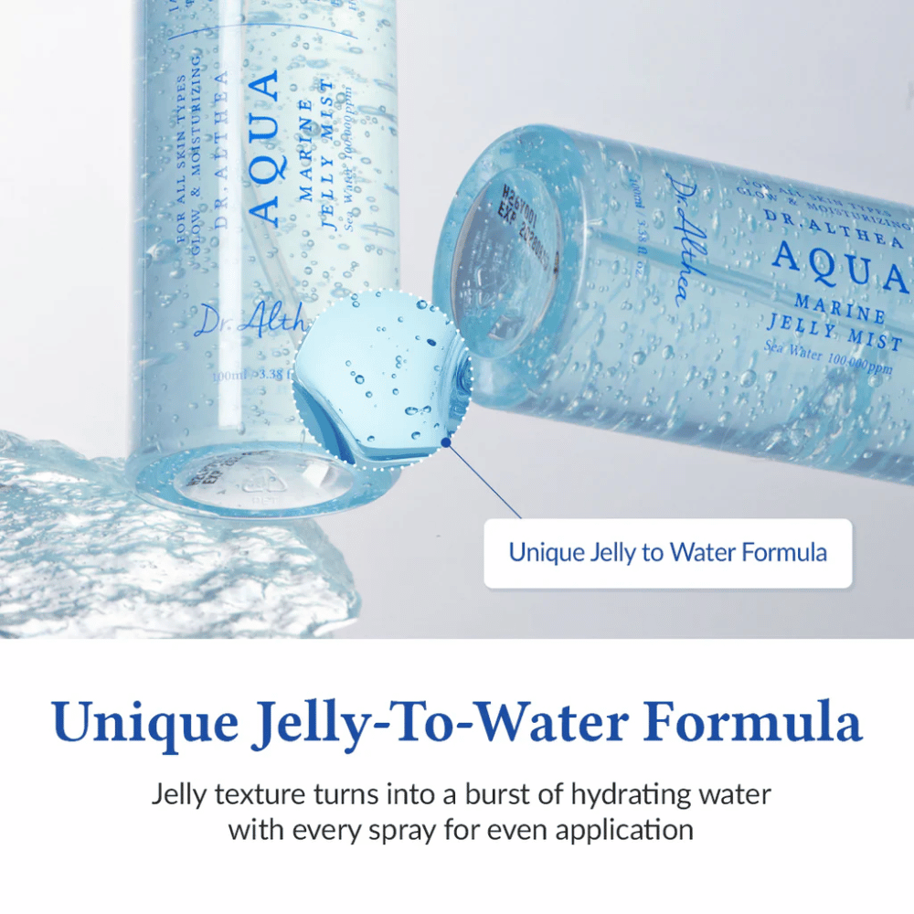 Dr. Althea Aqua Marine Jelly Mist z edinstveno gel-to-water formulo, ki se aktivira ob razprševanju in zagotavlja intenzivno vlaženje