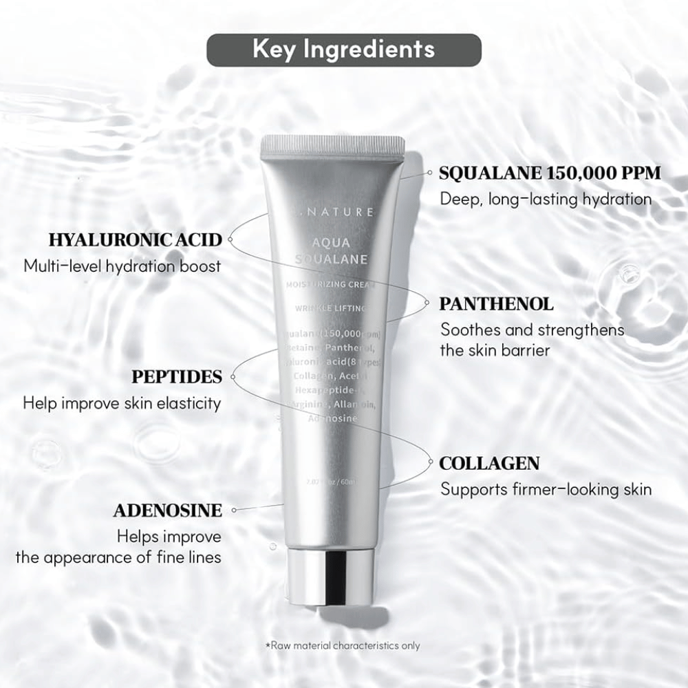 S.NATURE Aqua Squalane Moisturizing Cream z squalane, hialuronsko kislino, pantenolom, peptidi in kolagenom za navlaženo in prožno kožo.