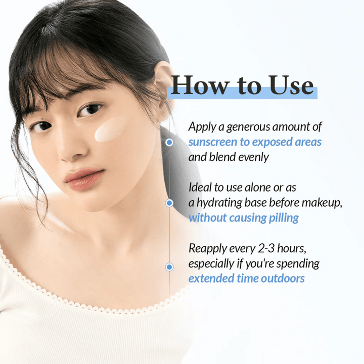 Ženska s kremo za sončenje na licu prikazuje, kako uporabljati izdelek, z besedilom, ki pojasnjuje nanašanje, uporabo pod ličili in ponovno nanašanje vsakih 2–3 ure pri bivanju na prostem.