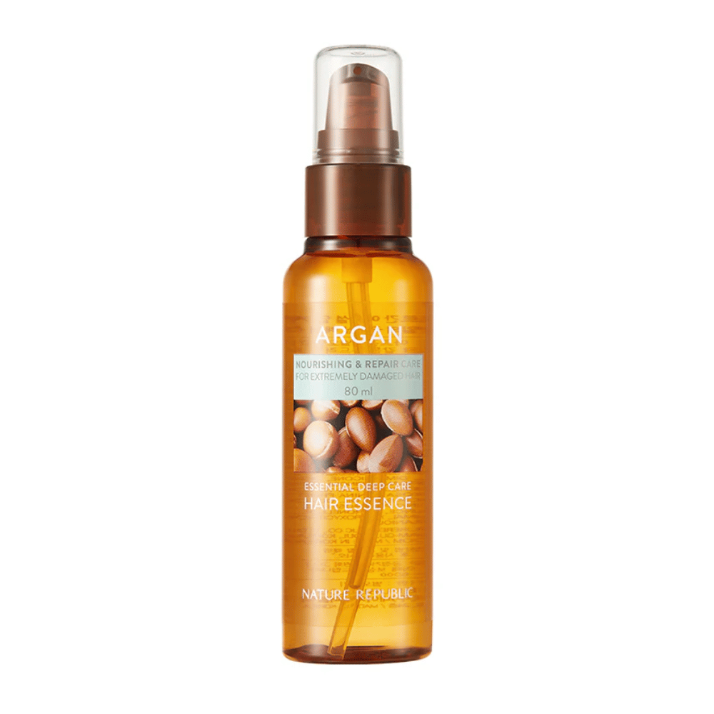 Slika izdelka Nature Republic Argan Essential Moisture Hair Oil 80 ml – hranilno olje za suhe in poškodovane lase.