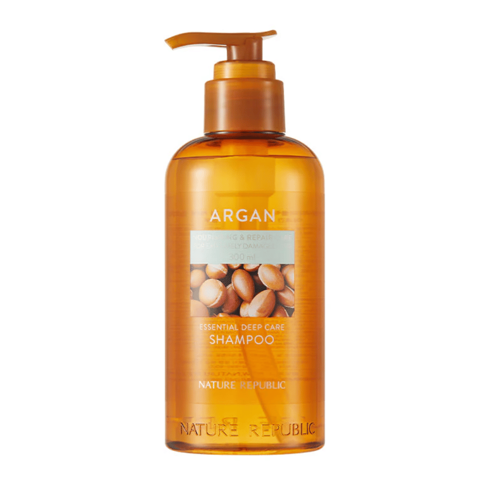 Slika izdelka Nature Republic Argan Essential Moisture Repairing Shampoo – hranljiv šampon za močnejše in bolj sijoče lase.