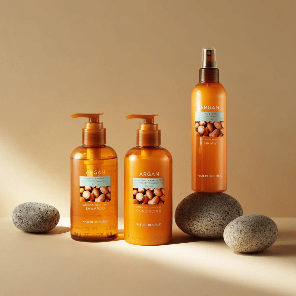 Nature Republic Argan-serija s šamponom, balzamom in meglico za lase za poškodovane lase – obogatena z arganovim oljem za sijaj in hranjenje.