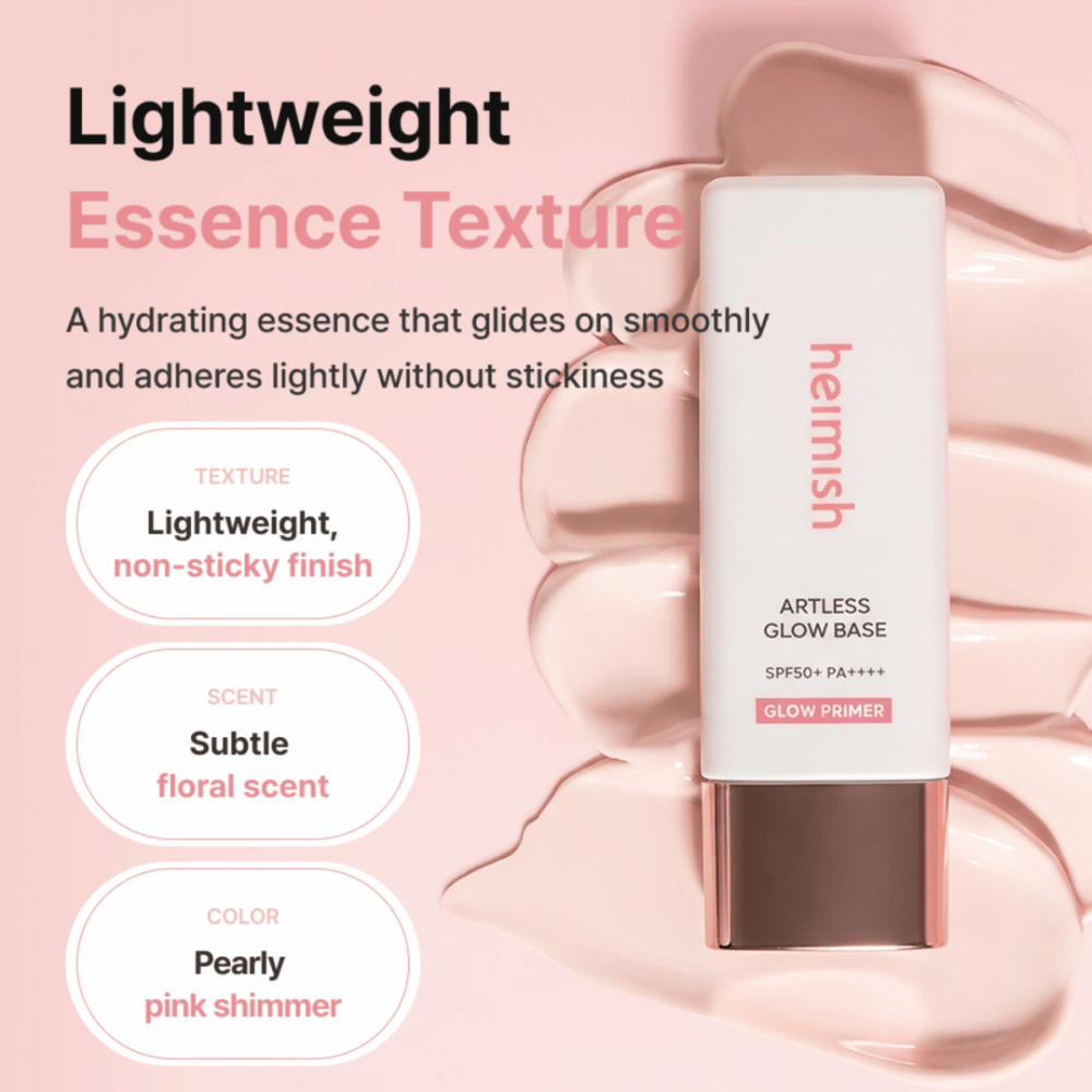 Heimish Artless Glow Base SPF50+ PA++++ – lahka vlažilna glow primer z biserno sijočim rožnatim zaključkom brez lepljivega občutka.