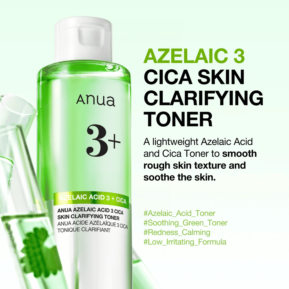 Anua Azelaic Acid 3 Cica Skin Clarifying Toner s 3 % azelainske kisline in centella asiatica, ki nežno eksfolira, pomirja kožo in izboljša čistost kože.