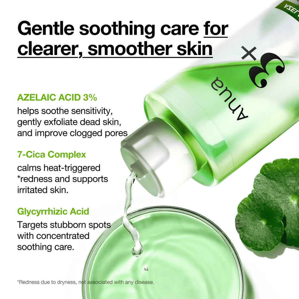 Anua Azelaic Acid 3 Cica Skin Clarifying Toner s 3 % azelainske kisline, 7-Cica Complexom in glicirizinsko kislino, ki pomirjajo občutljivo kožo in zmanjšujejo rdečico.