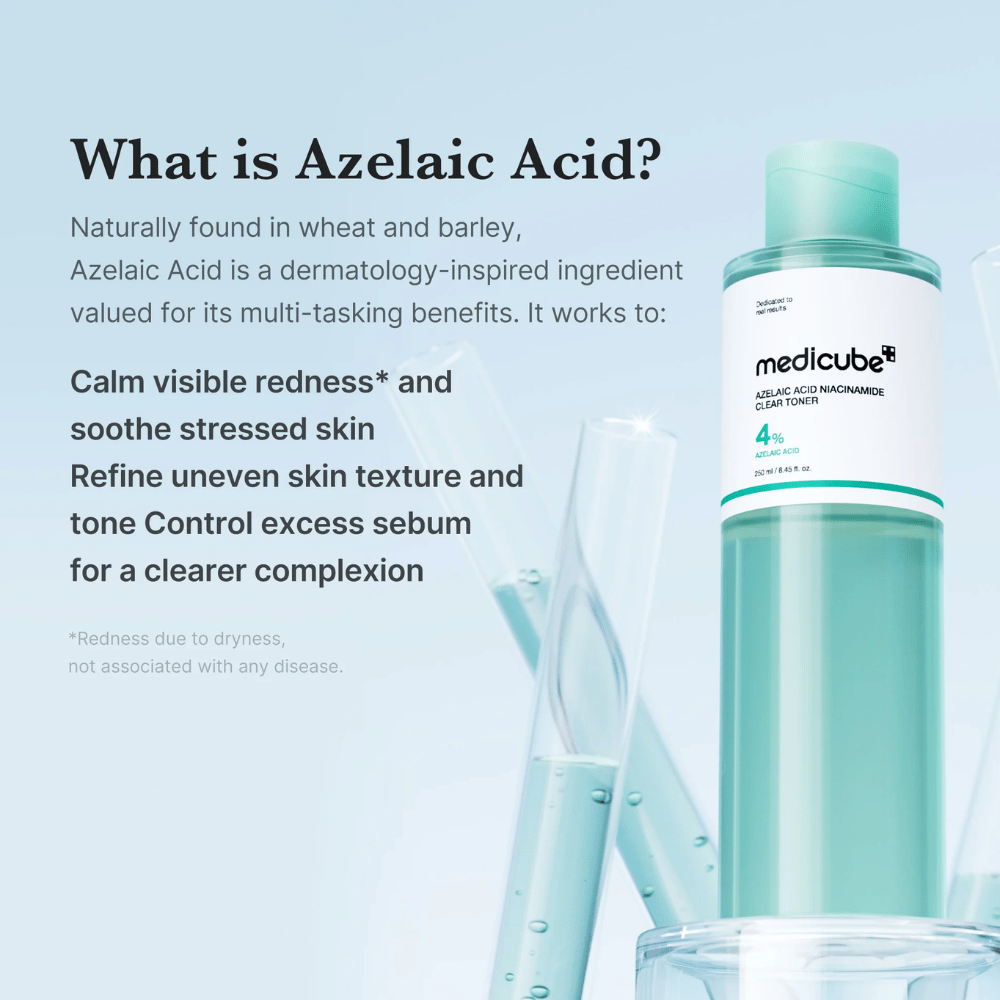 Medicube Azelaic Acid Niacinamide Clear Toner s 4 % azelaične kisline, ki pomaga pomiriti rdečico, izenačiti ten kože in nadzorovati odvečni sebum za čistejšo kožo.
