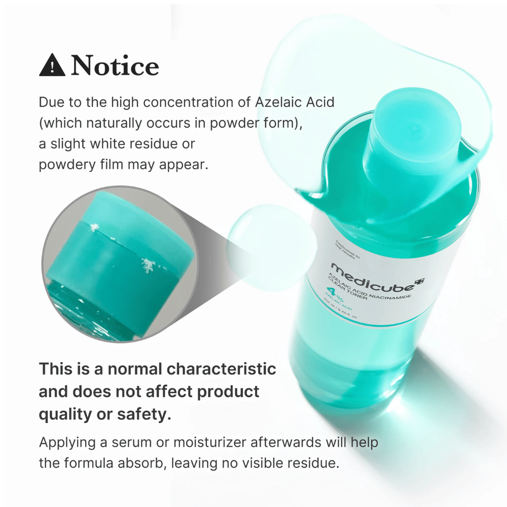 Medicube Azelaic Acid Niacinamide Clear Toner ki prikazuje naravne kristalne ostanke azelaične kisline in pojasnjuje, da je to normalno ter ne vpliva na kakovost ali varnost izdelka.