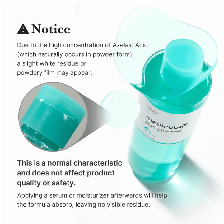 Medicube Azelaic Acid Niacinamide Clear Toner ki prikazuje naravne kristalne ostanke azelaične kisline in pojasnjuje, da je to normalno ter ne vpliva na kakovost ali varnost izdelka.