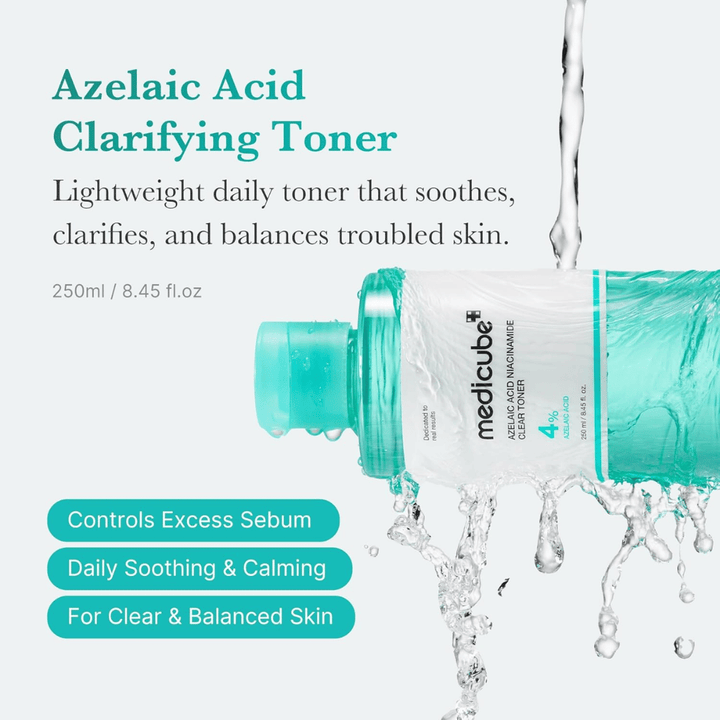 Medicube Azelaic Acid Niacinamide Clear Toner 4 % s tekočo vodo, ki prikazuje pomirjujočo tonik za obraz za uravnoteženje tvorbe sebuma, zmanjšanje nepravilnosti in bolj čisto kožo.
