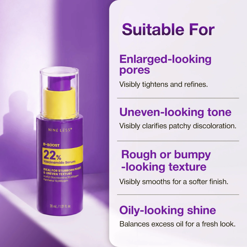 2. NINE LESS B-Boost 22% Niacinamide Serum – serum za velike pore, neenakomeren ten kože in grobo teksturo kože