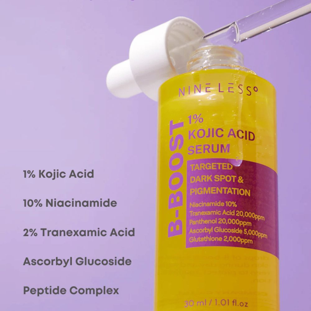 B-Boost 1% Kojic Acid Serum v steklenicah s pipeto, za temne madeže in pigmentacijo.