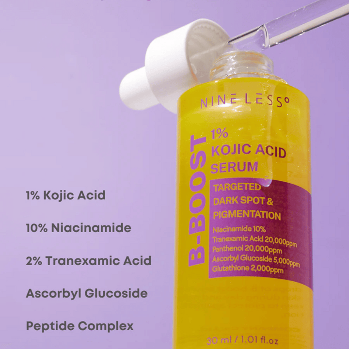 B-Boost 1% Kojic Acid Serum v steklenicah s pipeto, za temne madeže in pigmentacijo.