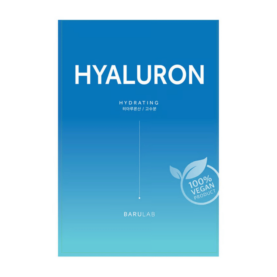 Embalaža maske BARULAB "HYALURON Hydrating", označena kot "100% Vegan Product". Embalaža ima barvni gradient od temno modre na vrhu do svetlo modre na dnu.