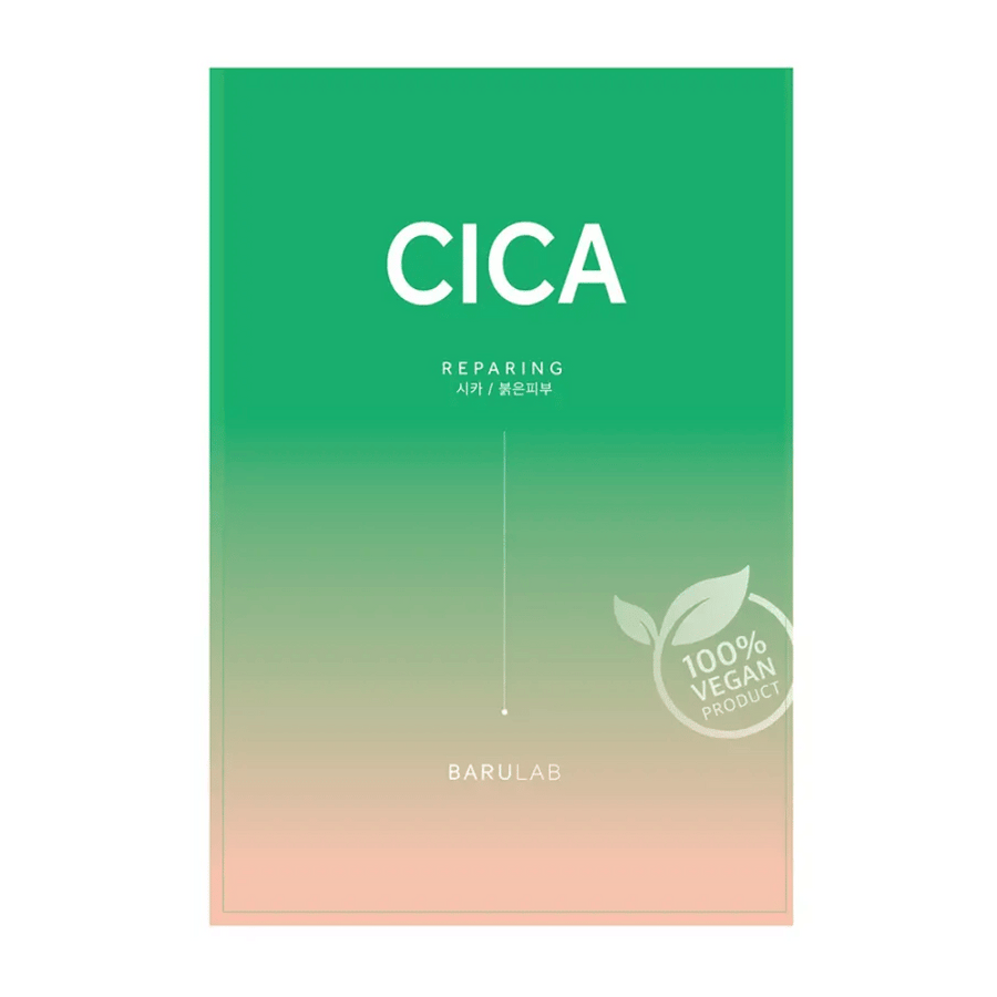 Embalaža od BARULAB za masko "CICA Repairing", označena kot "100% Vegan Product". Embalaža ima gradientno barvo, ki prehaja iz temno zelene v svetlejše tone proti dnu.