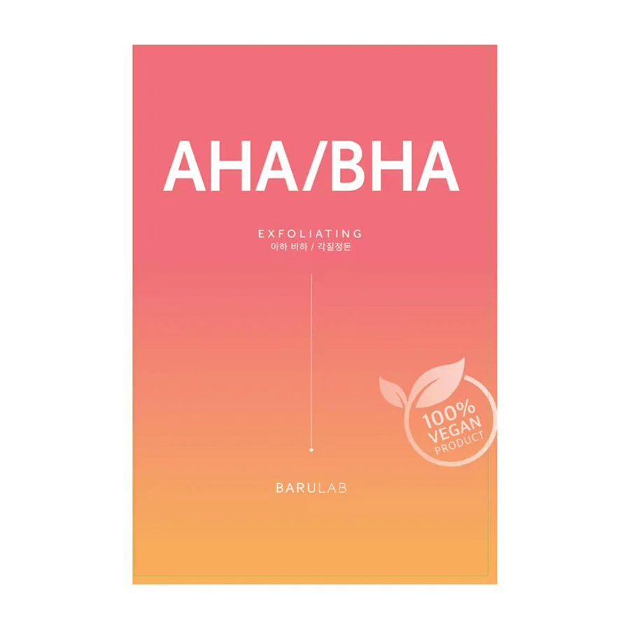 Embalaža izdelka BARULAB za masko "AHA/BHA Exfoliating", označena kot "100% Vegan Product". Embalaža prehaja iz rdeče v rumeno barvo.