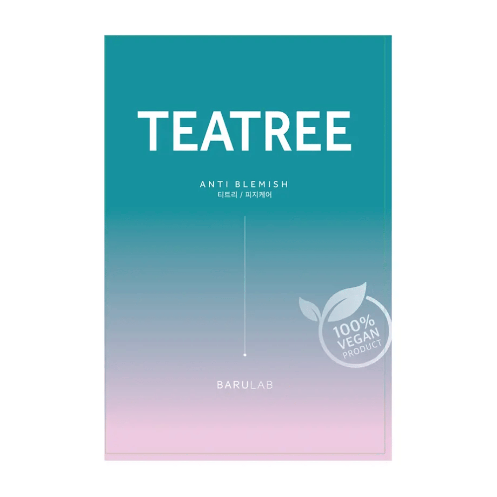 Eno pakiranje maske BARULAB "TEATREE Anti Blemish", označeno kot "100% veganski izdelek". Embalaža ima barvni prehod od turkizne na vrhu do svetlo roza na dnu.