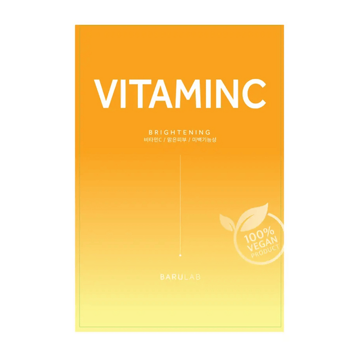 Eno pakiranje maske BARULAB "VITAMINC Brightening", označeno kot "100% Vegan Product". Pakiranje ima barvni preliv od oranžne na vrhu do svetlo rumene na dnu.