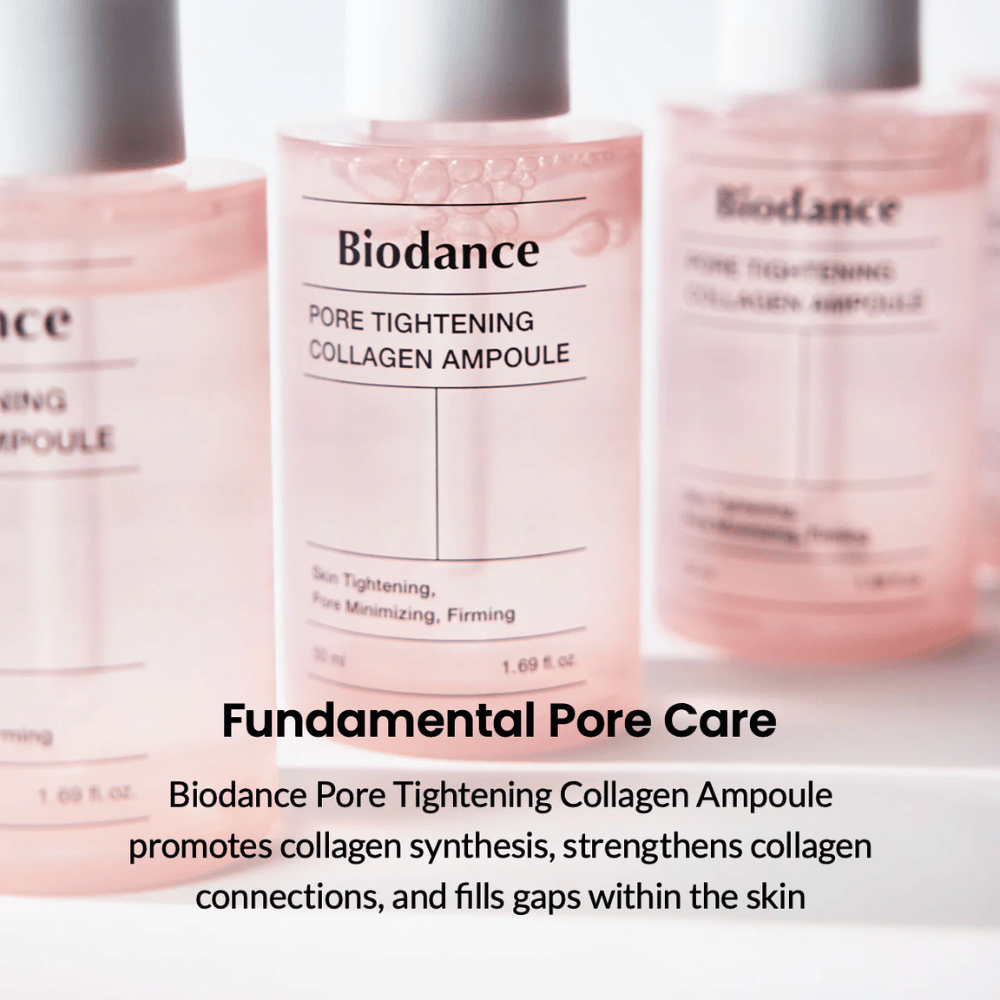 Biodance Pore Tightening Collagen Ampoule spodbuja sintezo kolagena, krepi kolagenske vezi in zapolnjuje neravnine kože. Daje čvrstejšo kožo, zmanjšuje pore in izboljšuje elastičnost kože za enakomerno in gladko površino. Popolna za intenzivno nego por in dnevno uporabo.