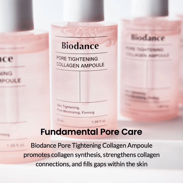 Biodance Pore Tightening Collagen Ampoule spodbuja sintezo kolagena, krepi kolagenske vezi in zapolnjuje neravnine kože. Daje čvrstejšo kožo, zmanjšuje pore in izboljšuje elastičnost kože za enakomerno in gladko površino. Popolna za intenzivno nego por in dnevno uporabo.