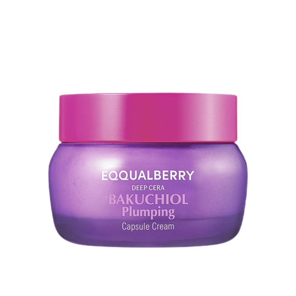 Slika izdelka EQQUALBERRY Bakuchiol Plumping Capsule Cream v vijolični posodici z roza pokrovom – intenzivna vlažilna in anti-age učinek.