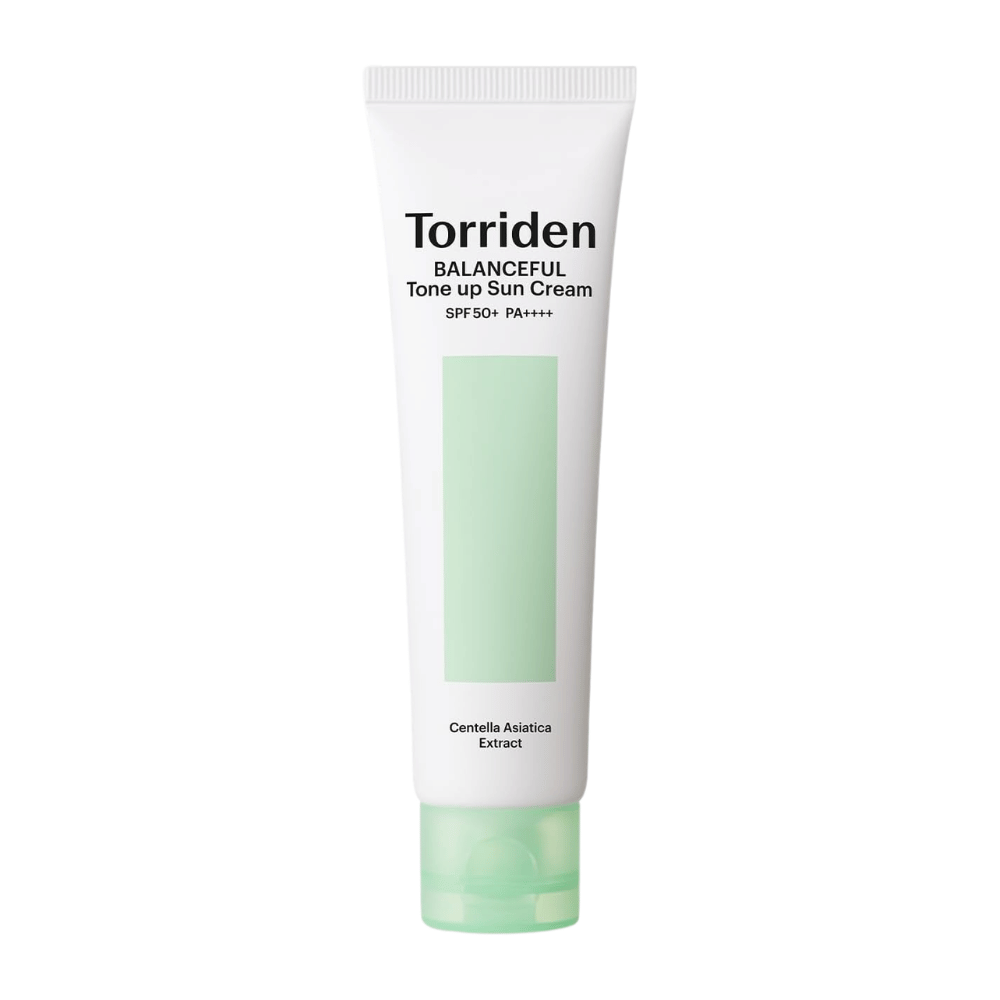 Torriden Balanceful Tone Up Sun Cream SPF50+ PA++++ slika izdelka na belem ozadju s Centello Asiatica za pomirjujočo nego in vsakodnevno UV-zaščito.