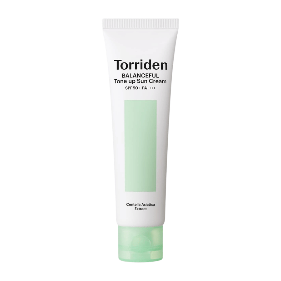 Torriden Balanceful Tone Up Sun Cream SPF50+ PA++++ slika izdelka na belem ozadju s Centello Asiatica za pomirjujočo nego in vsakodnevno UV-zaščito.