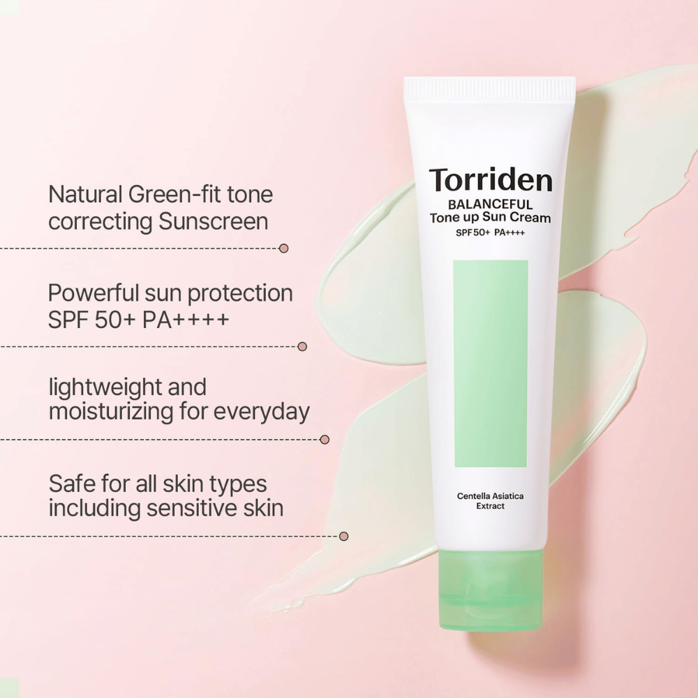 Torriden Balanceful Tone Up Sun Cream SPF50+ PA++++ z zelenim barvno korigirajočim tone-up učinkom, ki pomaga izenačiti rdečico in dati naraven sijaj.