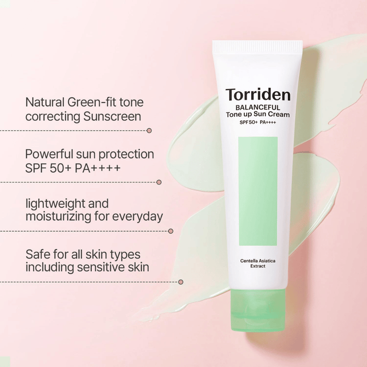 Torriden Balanceful Tone Up Sun Cream SPF50+ PA++++ z zelenim barvno korigirajočim tone-up učinkom, ki pomaga izenačiti rdečico in dati naraven sijaj.