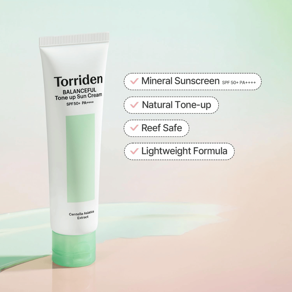 Torriden Balanceful Tone Up Sun Cream SPF50+ PA++++ predstavljen s poudarkom na mineralni zaščiti pred soncem, naravnem tone-up učinku, reef safe formuli in lahki teksturi.