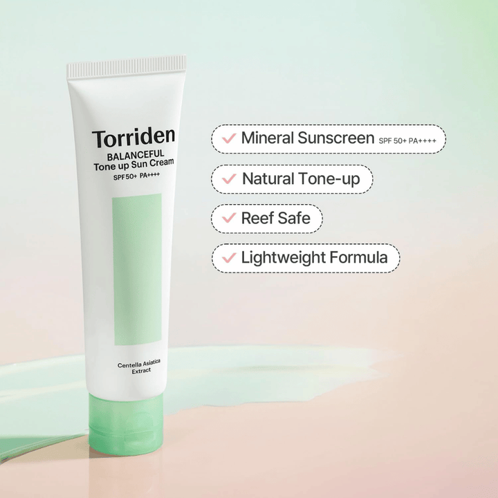 Torriden Balanceful Tone Up Sun Cream SPF50+ PA++++ predstavljen s poudarkom na mineralni zaščiti pred soncem, naravnem tone-up učinku, reef safe formuli in lahki teksturi.
