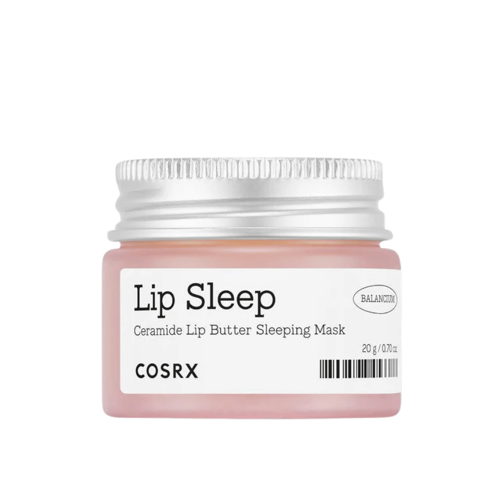 COSRX Lip Sleep Ceramide Lip Butter Sleeping Mask v roza lončku s srebrnim pokrovčkom. Dišavina, hranljiva nočna maska za mehke, navlažene ustnice.