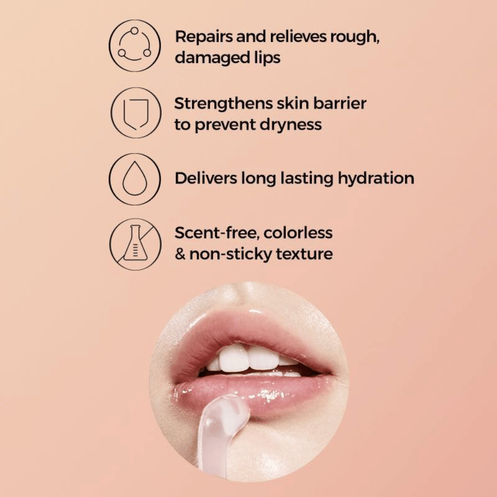 Povečava ustnic z naneseno masko COSRX Lip Sleep. Besedilo izpostavlja lastnosti izdelka: popravlja razpokane ustnice, krepi kožno bariero in zagotavlja dolgotrajno vlago.