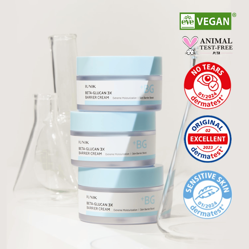 iUNIK Beta-Glucan 3X Barrier Cream z vegansko formulo in dermatološko testirano barierno kremo za občutljivo kožo