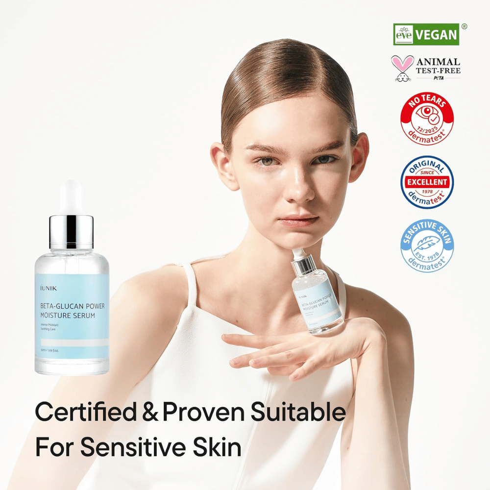 iUNIK Beta-Glucan Power Moisture Serum – veganski in cruelty-free serum, ki ustreza občutljivi koži in krepi kožno bariero