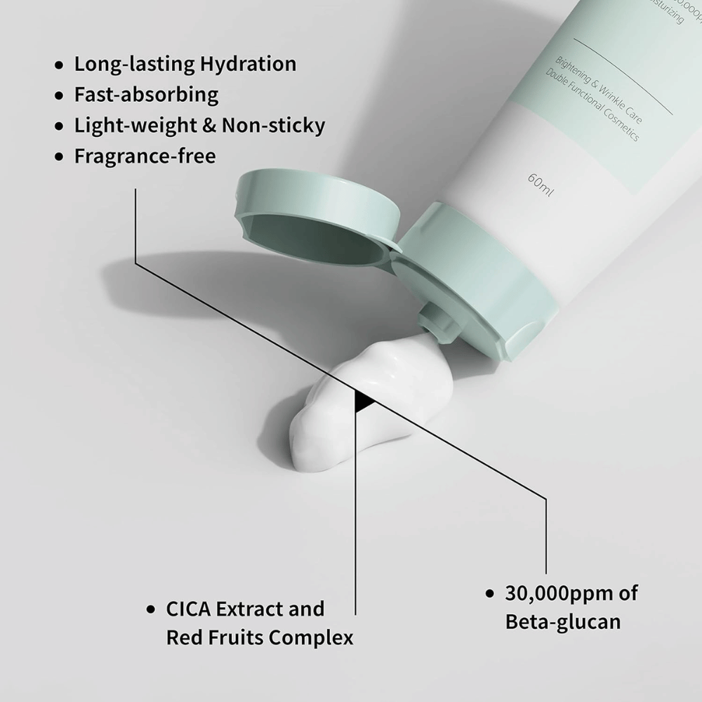 Bližnji posnetek iUNIK Beta-Glucan Daily Moisture Cream, kjer se krema iztisne iz tube. Slika poudarja lahko teksturo izdelka in pomembne lastnosti, kot so dolgotrajno vlaženje, hitro vpijanje, nelepljiv občutek, formula brez dišav, beta-glukan ter pomirjujoče sestavine, kot je izvleček CICA.