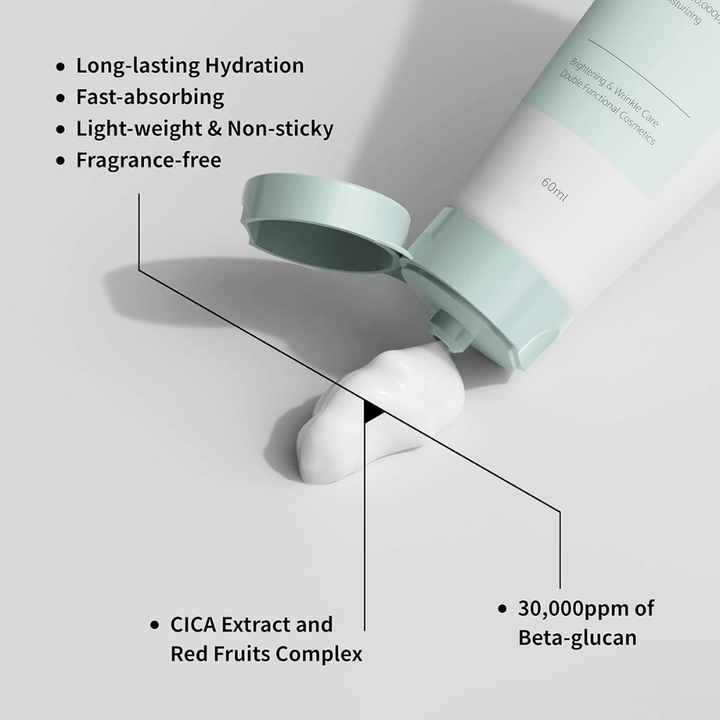 Bližnji posnetek iUNIK Beta-Glucan Daily Moisture Cream, kjer se krema iztisne iz tube. Slika poudarja lahko teksturo izdelka in pomembne lastnosti, kot so dolgotrajno vlaženje, hitro vpijanje, nelepljiv občutek, formula brez dišav, beta-glukan ter pomirjujoče sestavine, kot je izvleček CICA.